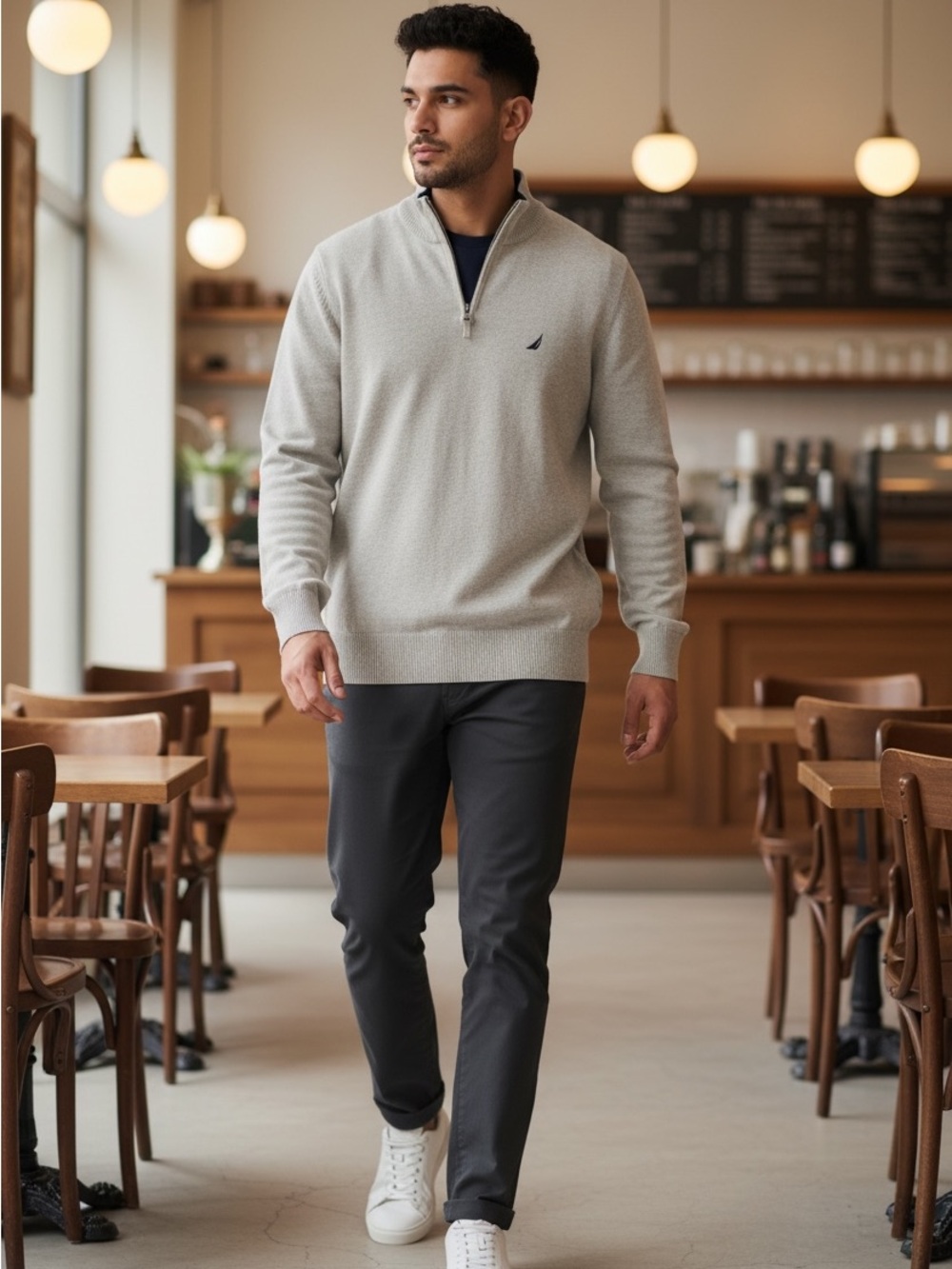 Nautica Beige Quarter-Zip Sweater with Navy Sailboat Logo